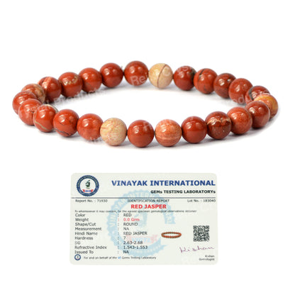 Certified Natural Red Jasper 8 mm Round Bead Bracelet for Strength, Courage, Stability & Positive Energy | Reiki Charged Certified Gemstone Bracelet for Men & Women