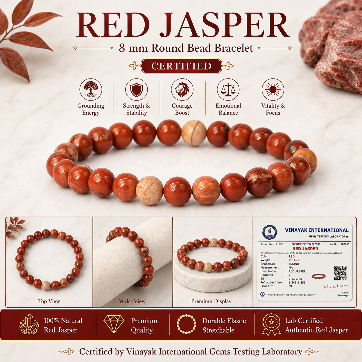 Certified Natural Red Jasper 8 mm Round Bead Bracelet for Strength, Courage, Stability & Positive Energy  Reiki Charged Certified Gemstone Bracelet for Men & Women