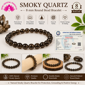 Certified Natural Smoky Quartz 8 mm Round Bead Bracelet for Grounding, Protection, Emotional Balance & Positive Energy  Crystal Bracelet for Men & Women