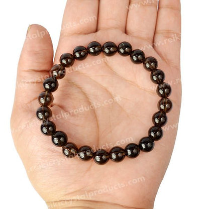 Certified Natural Smoky Quartz 8mm Round Bead Bracelet for Protection, Grounding, Emotional Balance & Positive Energy | Reiki Charged Certified Gemstone Bracelet for Men & Women