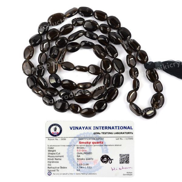 Certified Natural Smoky Quartz Oval Beads Mala