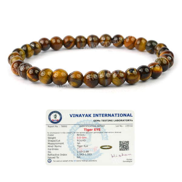 Certified Natural Tiger Eye 6 mm Round Bead Bracelet for Courage, Confidence, Protection & Success | Reiki Charged Certified Gemstone Bracelet for Men & Women