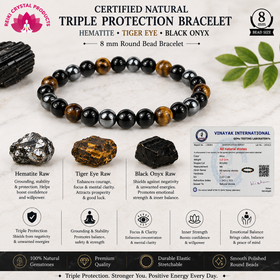 Certified Natural Triple Protection 8 mm Round Bead Bracelet – Hematite, Tiger Eye & Black Onyx for Protection, Grounding, Confidence & Positive Energy  Bracelet for Men & Women