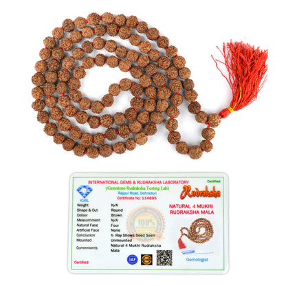 Certified Original 4 Four Mukhi Rudraksha Mala 108 Beads for Knowledge, Wisdom, Creativity & Communication