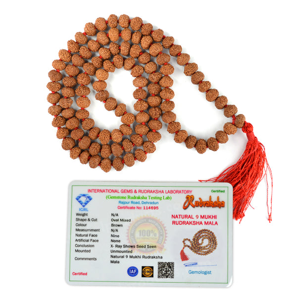 Certified Original 9 Mukhi Rudraksha Mala 108 Beads for Courage, Strength, Confidence & Fearlessness