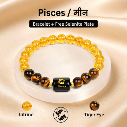 Certified Pisces (मीन राशि) Zodiac Gemstone Bracelet with FREE Natural Raw Selenite Plate | Natural Crystal Bracelet for Intuition, Emotional Balance, Creativity & Inner Peace | Astrology Gift for Men & Women