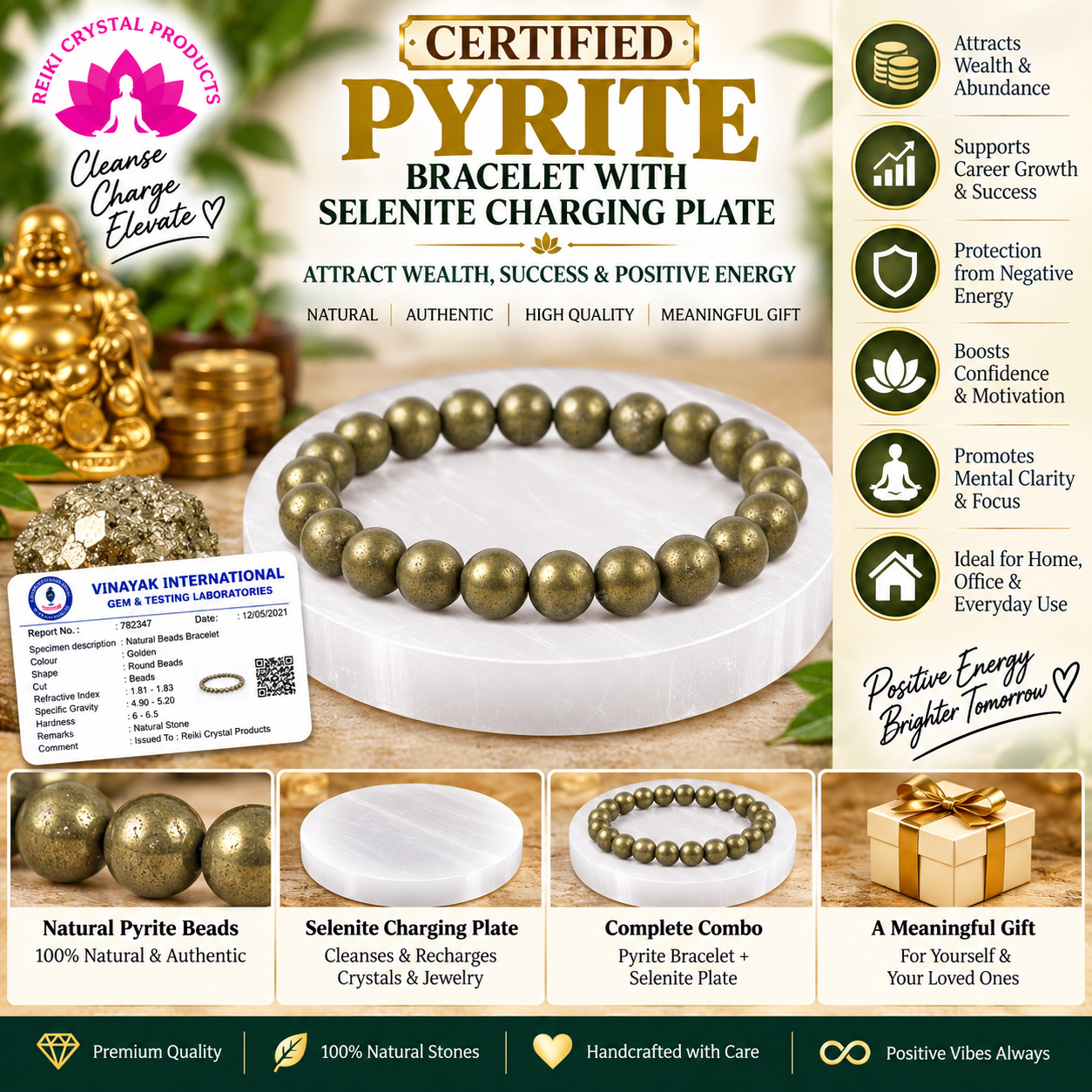 Certified Pyrite Bracelet with Selenite Charging Plate Combo