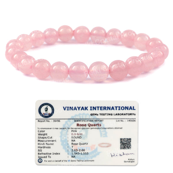 Certified Rose Quartz 8 mm Round Bead Bracelet for Love, Emotional Healing, Harmony & Self-Love | Reiki Charged Gemstone Bracelet for Men & Women