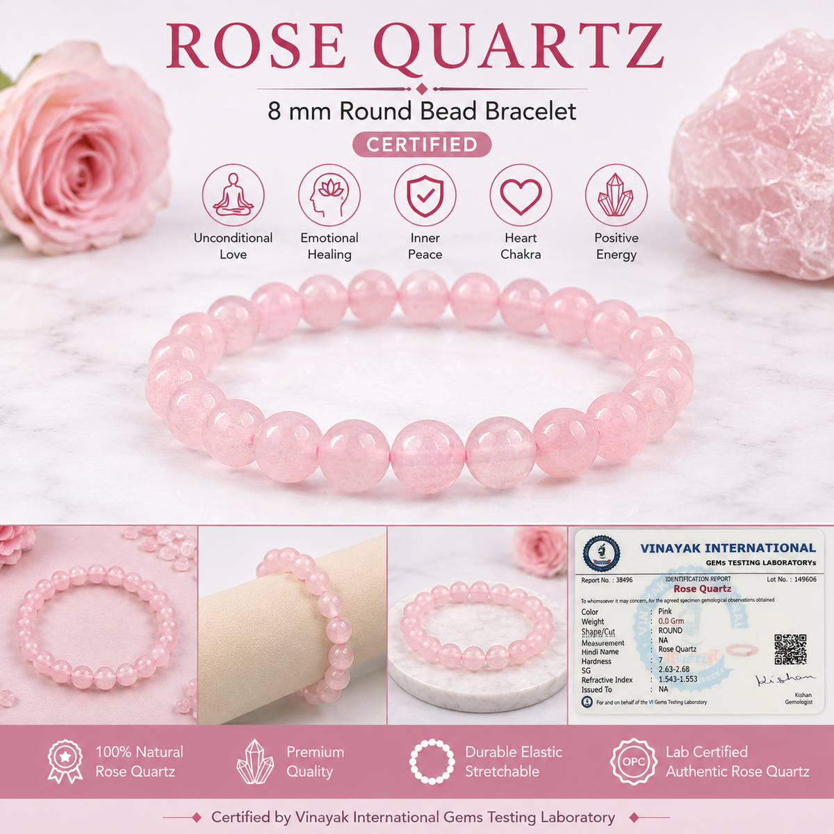 Certified Natural Rose Quartz 8 mm Round Bead Bracelet for Love, Compassion, Harmony & Emotional Balance