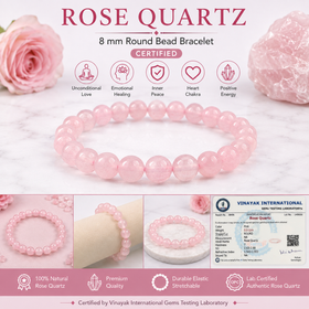 Certified Natural Rose Quartz 8 mm Round Bead Bracelet for Love, Compassion, Harmony & Emotional Balance