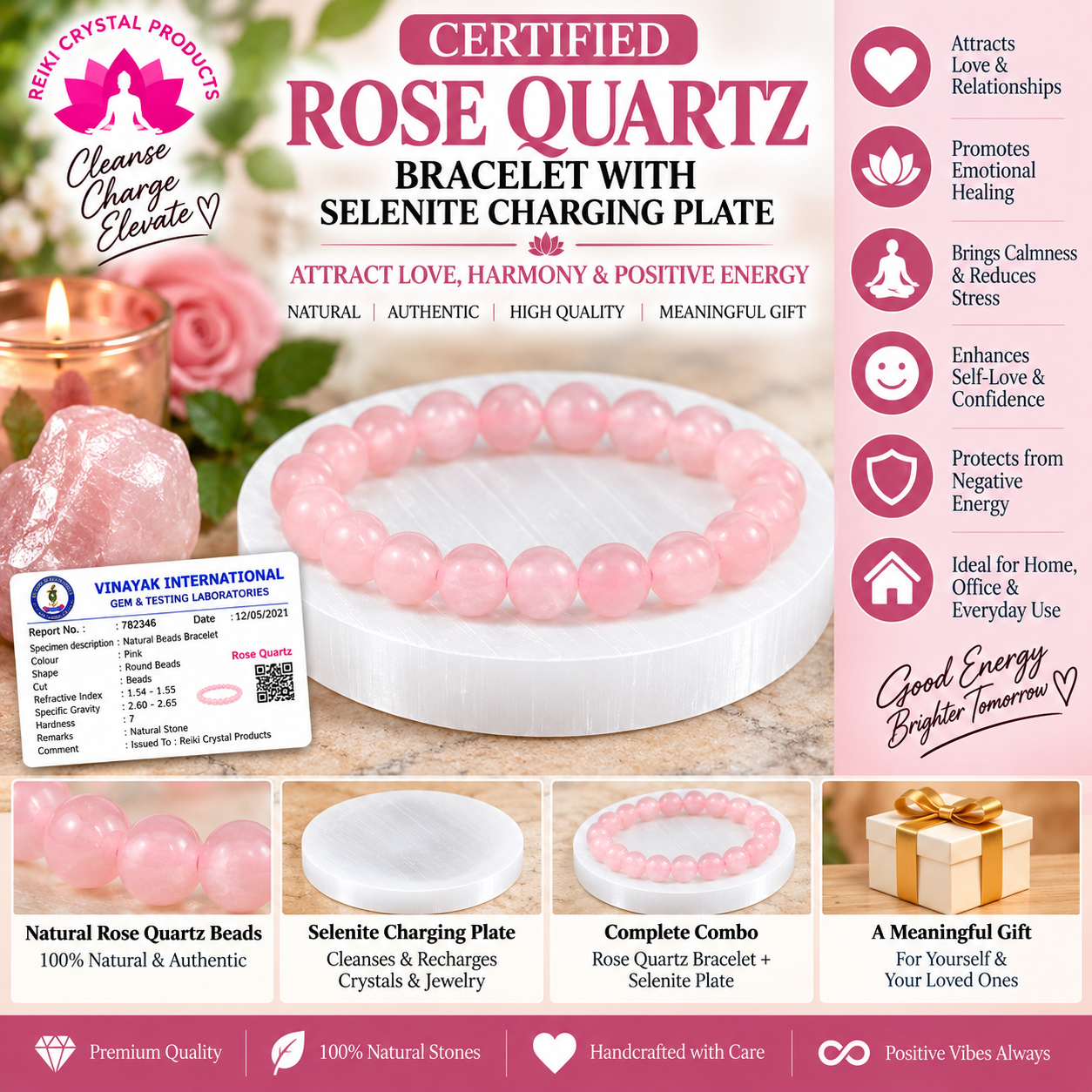 Certified Rose Quartz Bracelet with Selenite Charging Plate Combo