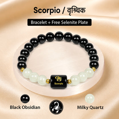 Certified Scorpio (वृश्चिक राशि) Zodiac Gemstone Bracelet with FREE Natural Raw Selenite Plate | Natural Crystal Bracelet for Strength, Protection, Confidence & Emotional Balance | Astrology Gift for Men & Women