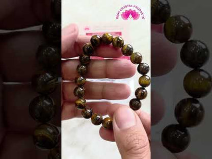 Certified Tiger Eye 10 mm Round Bead Bracelet for Confidence, Courage, Protection & Success