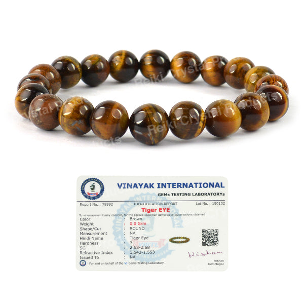 Certified Tiger Eye 10 mm Round Bead Bracelet for Confidence, Courage, Protection & Success | Reiki Charged Gemstone Bracelet for Men & Women