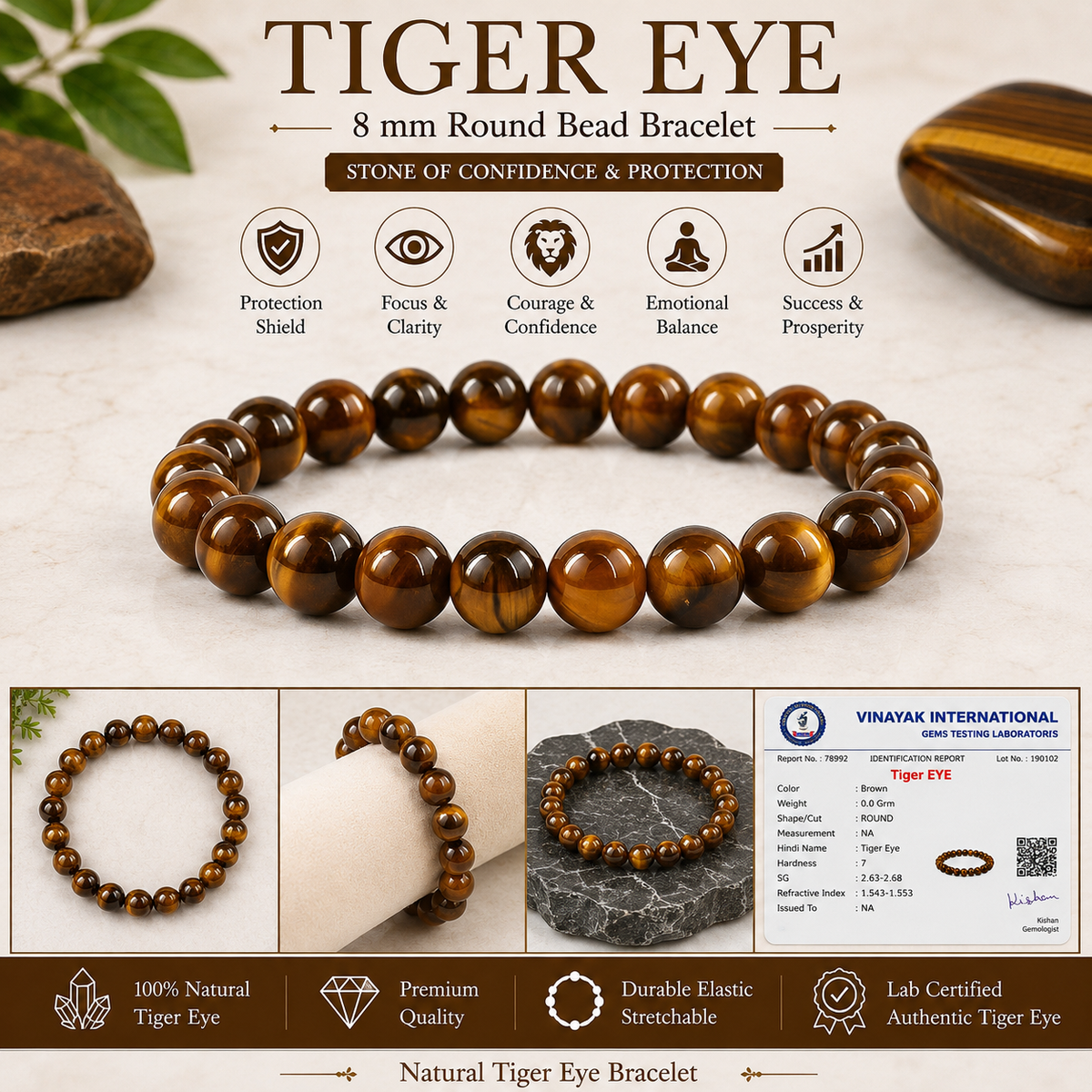 Certified Tiger Eye 8 mm Round Bead Bracelet  Natural Tiger Eye Gemstone Bracelet  Reiki Energized Crystal Bracelet for Confidence, Focus, Prosperity & Everyday Wear
