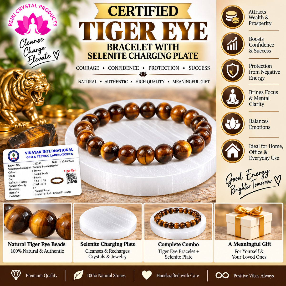 Certified Tiger Eye Bracelet with Selenite Charging Plate Combo