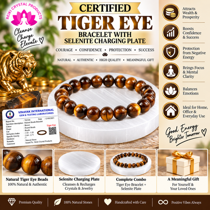 Certified Tiger Eye Bracelet with Selenite Charging Plate Combo