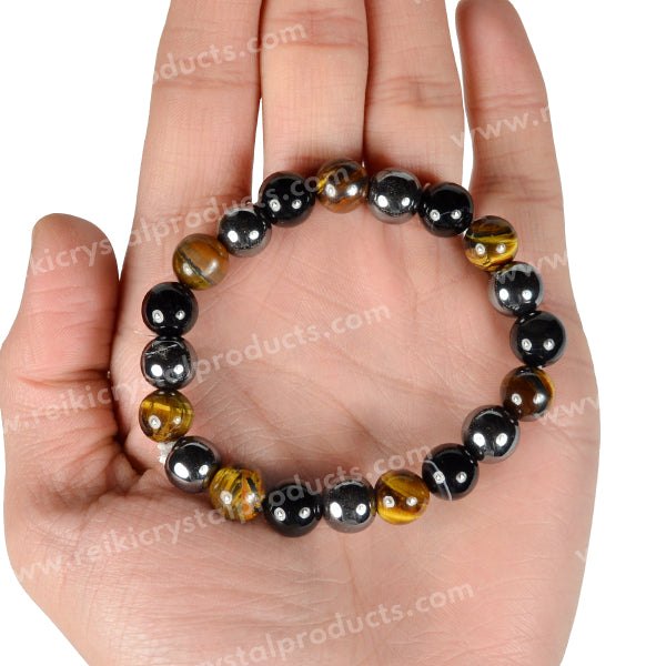 Certified Triple Protection 10 mm Round Bead Bracelet – Hematite, Tiger Eye & Black Tourmaline for Protection, Grounding, Confidence & Positive Energy  Bracelet 