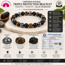 Certified Triple Protection 10 mm Round Bead Bracelet – Hematite, Tiger Eye & Black Tourmaline for Protection, Grounding, Confidence & Positive Energy  Bracelet for Men & Women