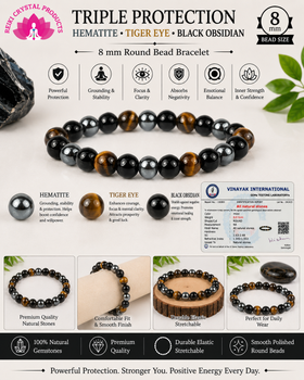 Certified Triple Protection 8 mm Round Bead Bracelet – Hematite, Tiger Eye & Black Obsidian for Protection, Grounding, Confidence & Positive Energy  Bracelet for Men & Women