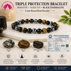 Certified Triple Protection 8 mm Round Bead Bracelet – Hematite, Tiger Eye & Black Tourmaline for Protection, Grounding, Confidence & Positive Energy  Bracelet for Men & Women