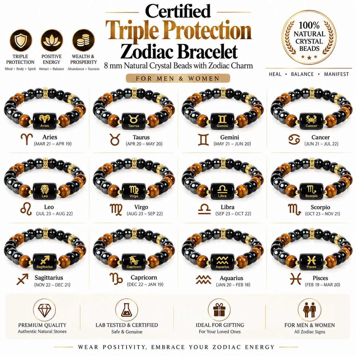 Certified Triple Protection Zodiac Bracelet 8 mm Natural Crystal Beads