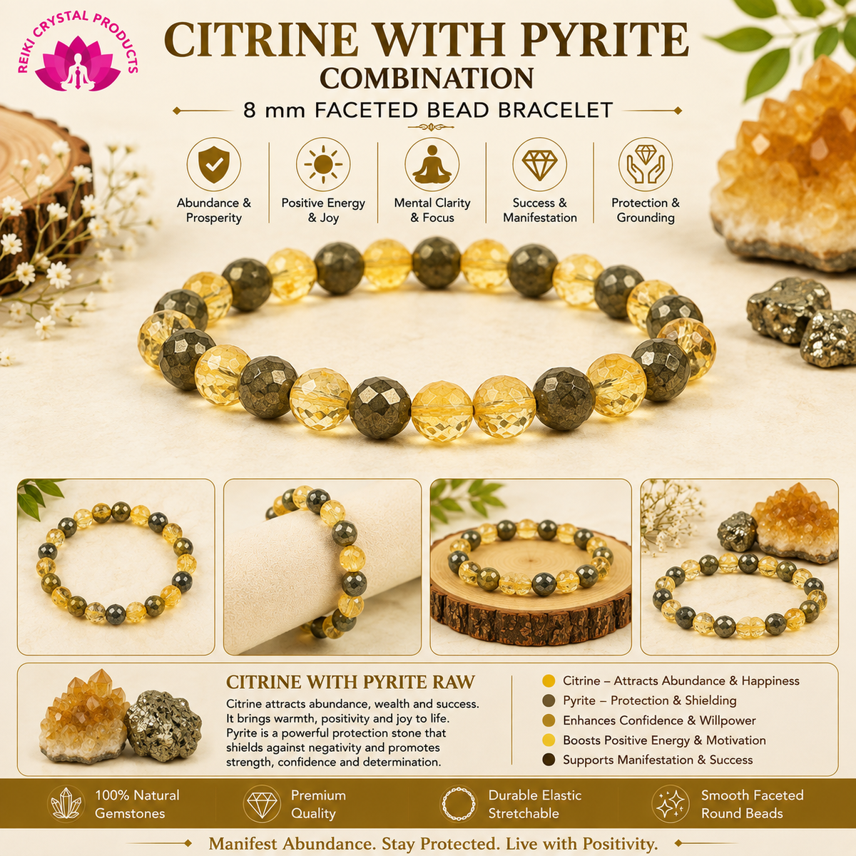Natural Citrine with Pyrite Combination 8 mm Faceted Bead Bracelet for Wealth, Prosperity, Success & Positive Energy | Reiki Charged Gemstone Bracelet for Men & Women