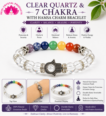 Natural Clear Quartz & 7 Chakra with Hamsa Charm Bracelet