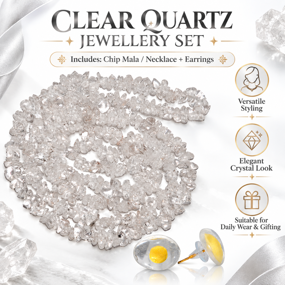 Clear Quartz Chip Necklace Mala with Earrings