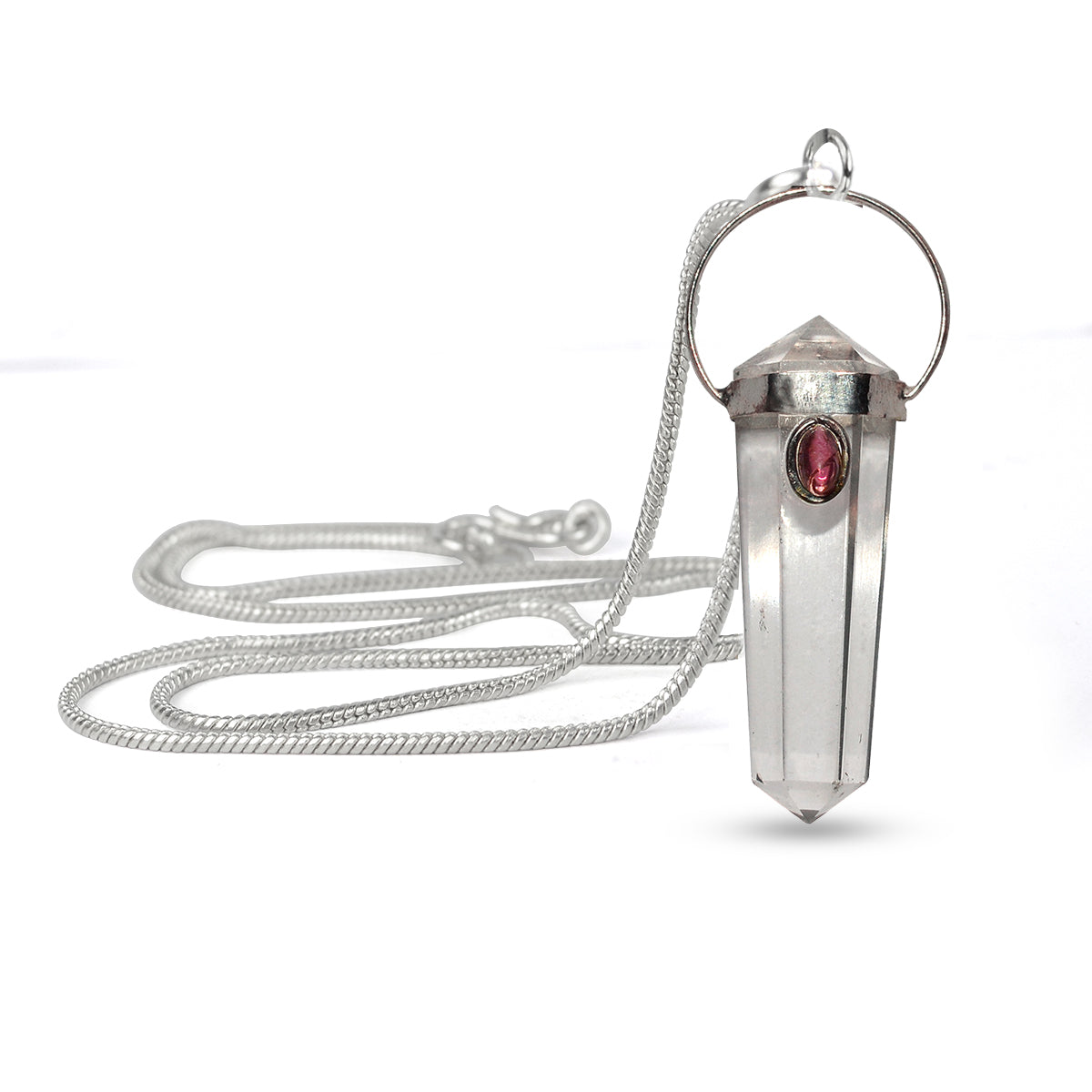 Natural Crystal Stone Double Terminated Pencil Shape Pendant with Metal Chain – Healing Energy Necklace