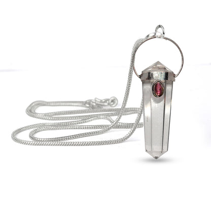 Natural Crystal Stone Double Terminated Pencil Shape Pendant with Metal Chain – Healing Energy Necklace
