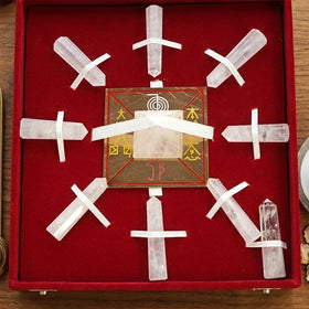 Clear Quartz High Grade Crystal Grid Box – Clear Quartz Pyramid & Copper Symbol Plate for Energy Amplification, Meditation & Goal Manifestation | Reiki Charged Crystal Set