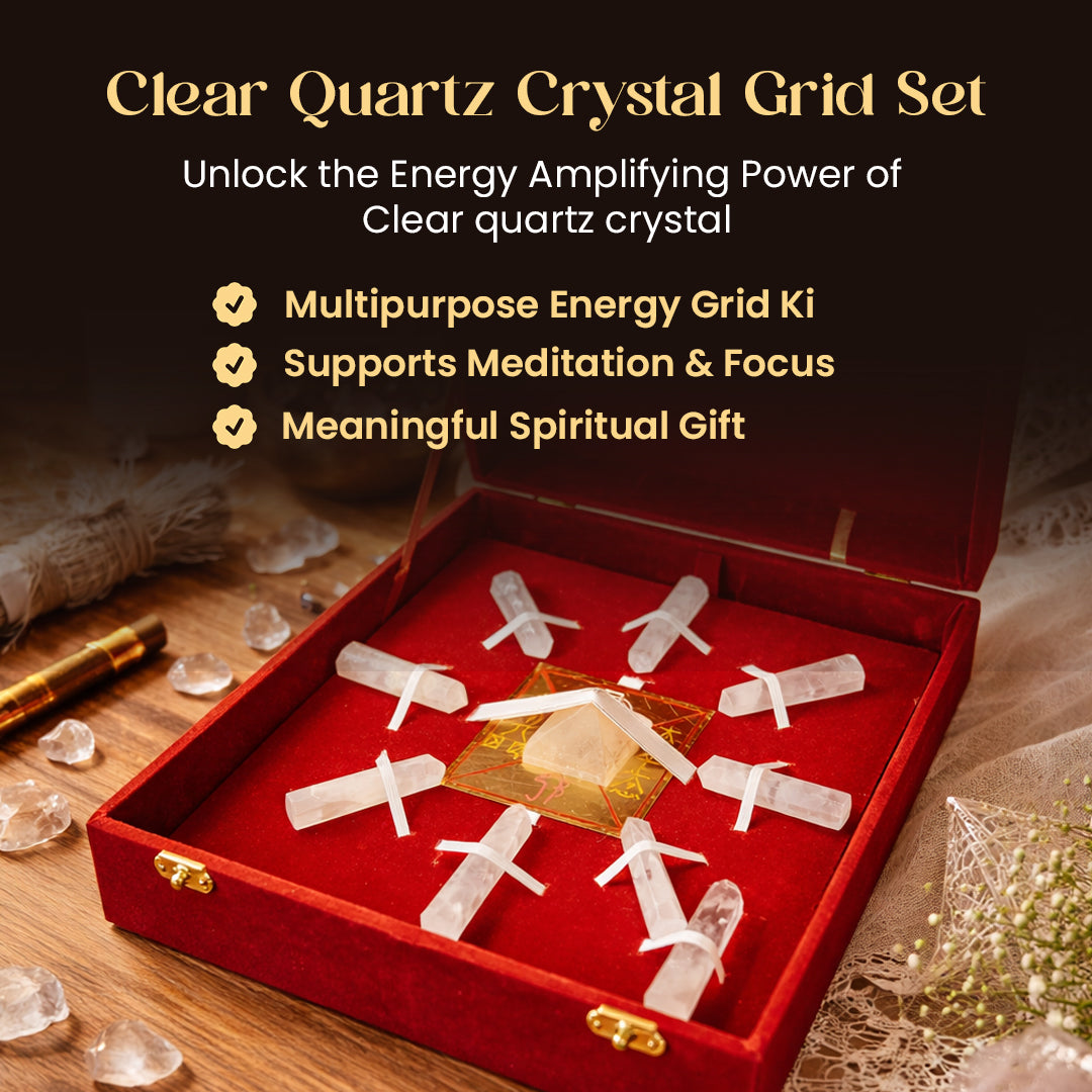 Clear Quartz High Grade Crystal Grid Box – Clear Quartz Pyramid & Copper Symbol Plate for Energy Amplification, Meditation & Goal Manifestation | Reiki Charged Crystal Set