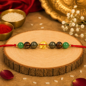 Dhan Yog Rakhi | Natural Citrine, Pyrite, Green Aventurine & Tiger Eye Crystal Stone Rakhi | Reiki Charged Handmade Raksha Bandhan Rakhi | Prosperity, Success & Positive Energy