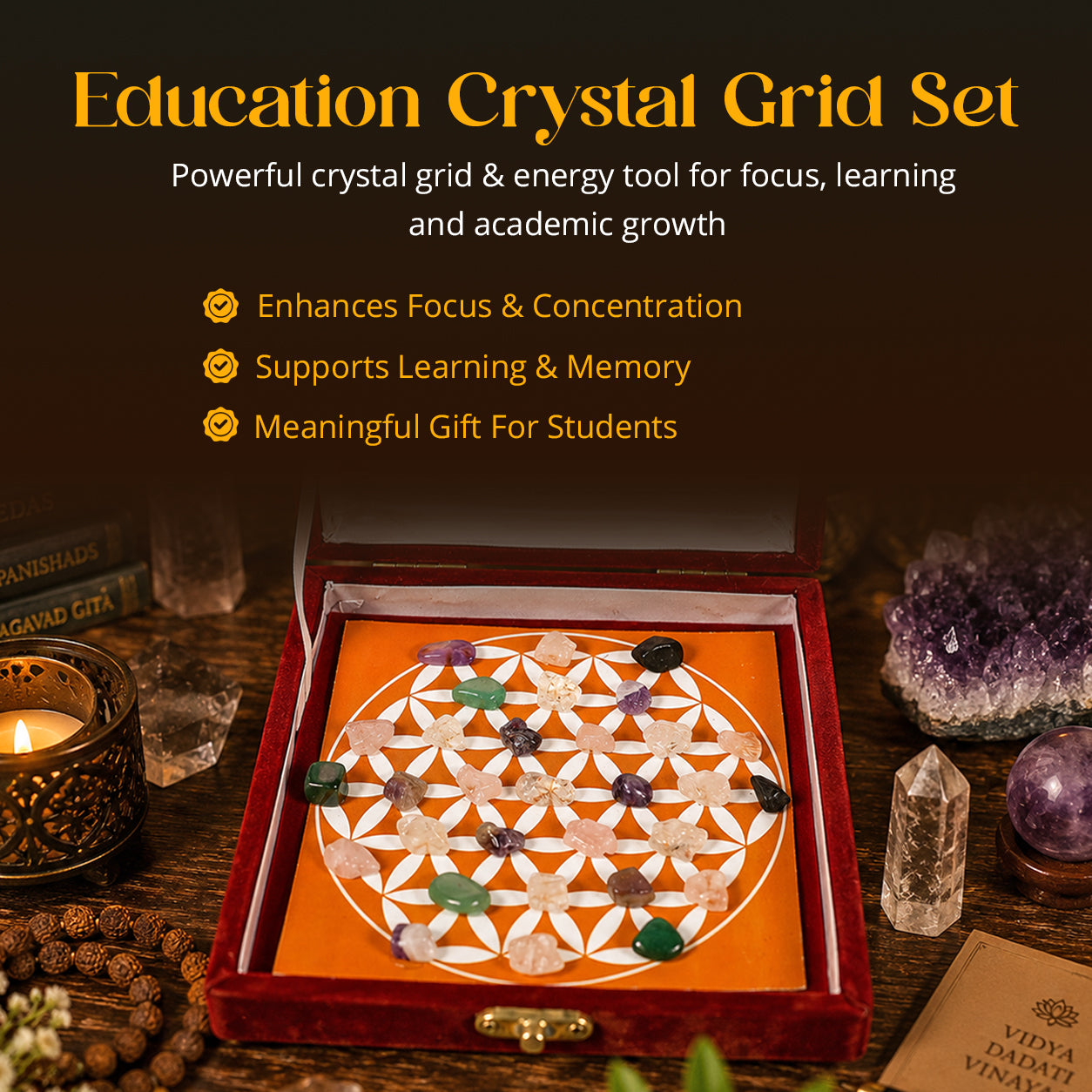Education Crystal Tumbles Grid Box – Study Focus & Memory Support Crystal Set with Quartz Pyramid | Reiki Charged Learning Crystal Kit