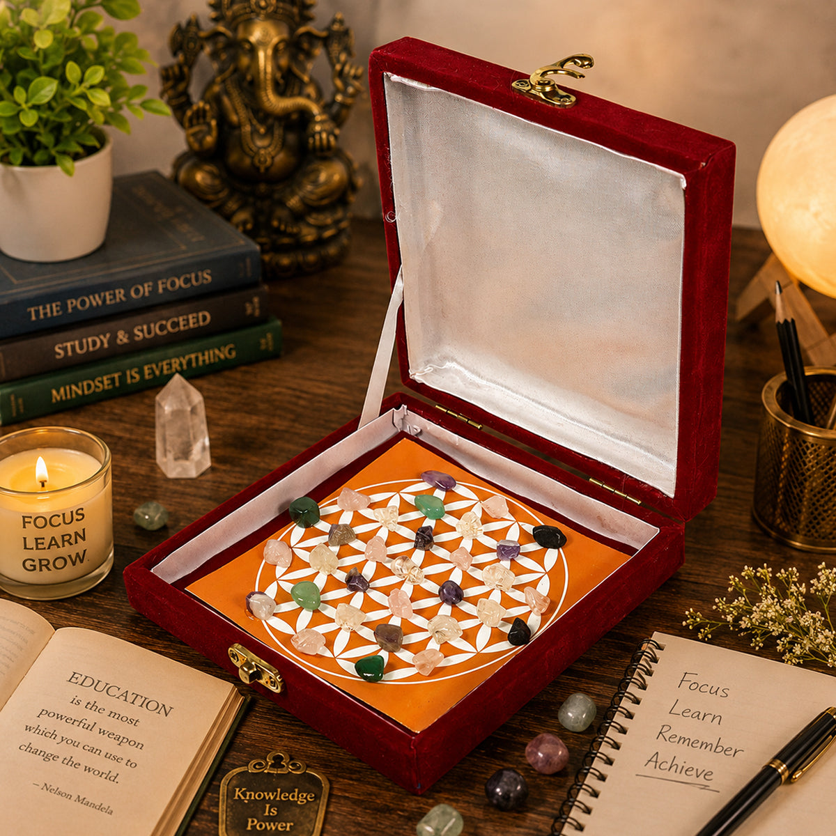 Education Crystal Tumbles Grid Box – Study Focus & Memory Support Crystal Set with Quartz Pyramid | Reiki Charged Learning Crystal Kit