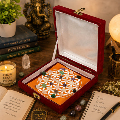 Education Crystal Tumbles Grid Box – Study Focus & Memory Support Crystal Set with Quartz Pyramid | Reiki Charged Learning Crystal Kit