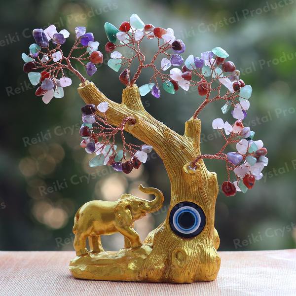 Elephant Evil Eye Multi Stone Tree Vastu Feng Shui Crystal Tree Showpiece