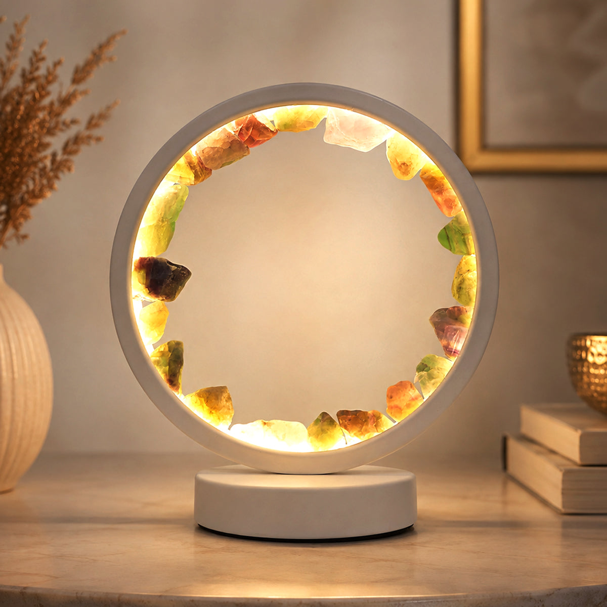 Fluorite Crystal LED Lamp with Purple and Green Raw Stones