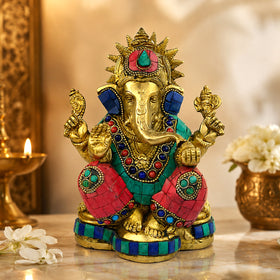 Brass Ganesha with Stone for Home Decor, Office Décor & Gifting | Premium Brass Lord Ganesh Idol | Vastu & Feng Shui Statue for Diwali, Housewarming & Spiritual Décor | 1750–1900 Gram