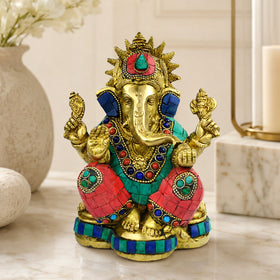 Brass Ganesha with Stone for Home Decor, Office Décor & Gifting | Premium Brass Lord Ganesh Idol | Vastu & Feng Shui Statue for Diwali, Housewarming & Spiritual Décor | 1750–1900 Gram