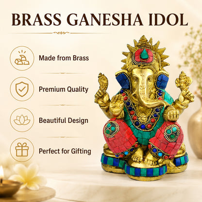 Brass Ganesha with Stone for Home Decor, Office Décor & Gifting | Premium Brass Lord Ganesh Idol | Vastu & Feng Shui Statue for Diwali, Housewarming & Spiritual Décor | 1750–1900 Gram