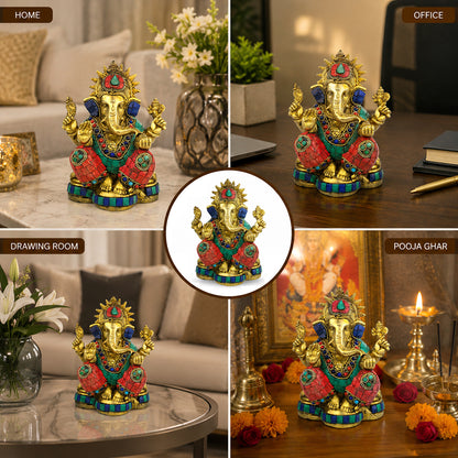 Brass Ganesha with Stone for Home Decor, Office Décor & Gifting | Premium Brass Lord Ganesh Idol | Vastu & Feng Shui Statue for Diwali, Housewarming & Spiritual Décor | 1750–1900 Gram