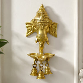 Wall Hanging Brass Ganesha Handwork Puja Idol Oil Lamp with Three Diyas & Bells | Decorative Brass Ganesh Wall Hanging for Home Temple, Diwali Décor, Vastu & Spiritual Decoration