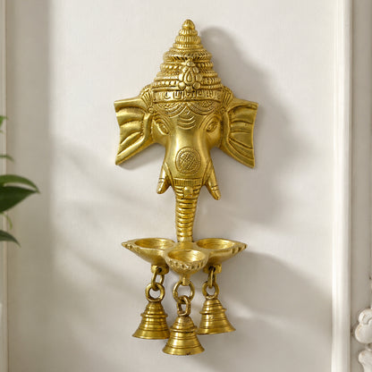 Wall Hanging Brass Ganesha Handwork Puja Idol Oil Lamp with Three Diyas & Bells | Decorative Brass Ganesh Wall Hanging for Home Temple, Diwali Décor, Vastu & Spiritual Decoration