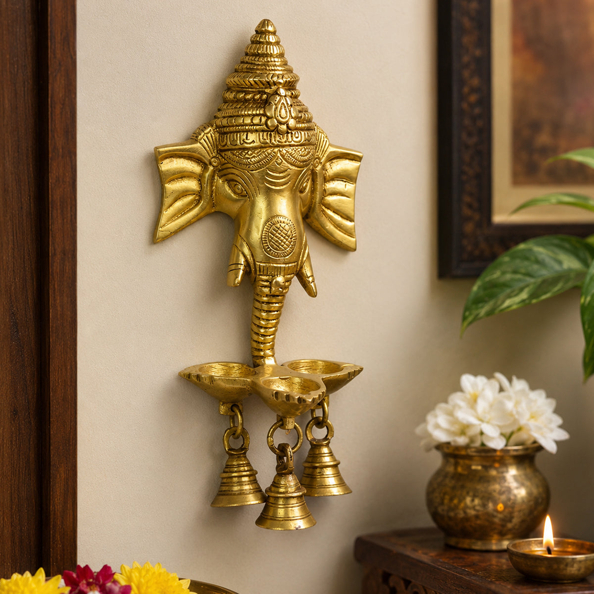 Wall Hanging Brass Ganesha Handwork Puja Idol Oil Lamp with Three Diyas & Bells | Decorative Brass Ganesh Wall Hanging for Home Temple, Diwali Décor, Vastu & Spiritual Decoration