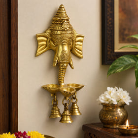 Wall Hanging Brass Ganesha Handwork Puja Idol Oil Lamp with Three Diyas & Bells | Decorative Brass Ganesh Wall Hanging for Home Temple, Diwali Décor, Vastu & Spiritual Decoration