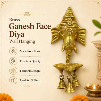 Wall Hanging Brass Ganesha Handwork Puja Idol Oil Lamp with Three Diyas & Bells | Decorative Brass Ganesh Wall Hanging for Home Temple, Diwali Décor, Vastu & Spiritual Decoration