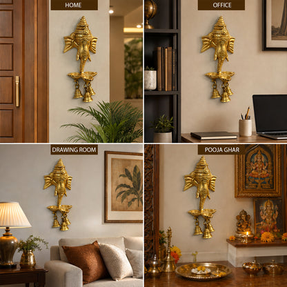 Wall Hanging Brass Ganesha Handwork Puja Idol Oil Lamp with Three Diyas & Bells | Decorative Brass Ganesh Wall Hanging for Home Temple, Diwali Décor, Vastu & Spiritual Decoration