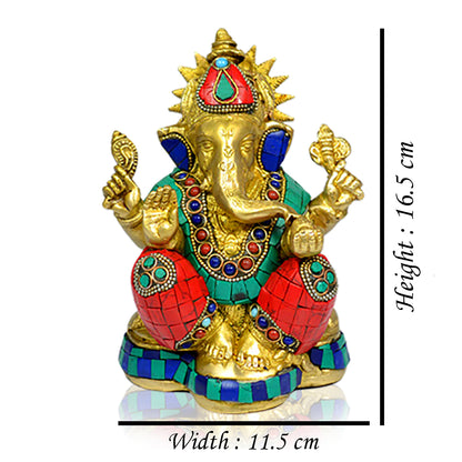 Brass Ganesha with Stone for Home Decor, Office Décor & Gifting | Premium Brass Lord Ganesh Idol | Vastu & Feng Shui Statue for Diwali, Housewarming & Spiritual Décor | 1750–1900 Gram